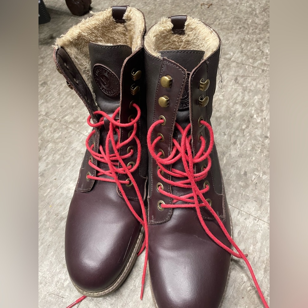 Faux Fur Lined Burgundy Leather Military Boots with Red Laces